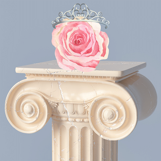 A rose with a crown on a pedestal