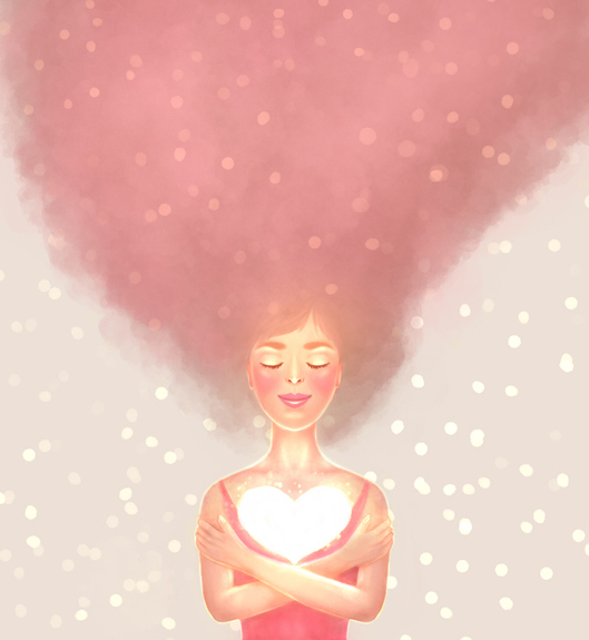Many paths to self-love.Illustration of woman hugging a white heart.