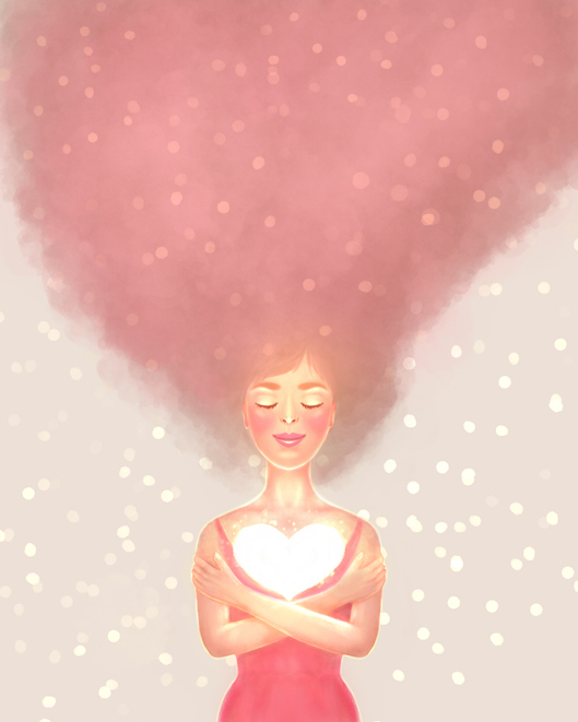 Many paths to self-love.Illustration of woman hugging a white heart.