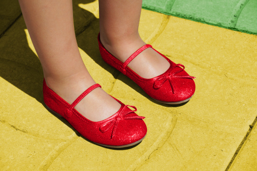Rudy red slippers on the yellow brick road
