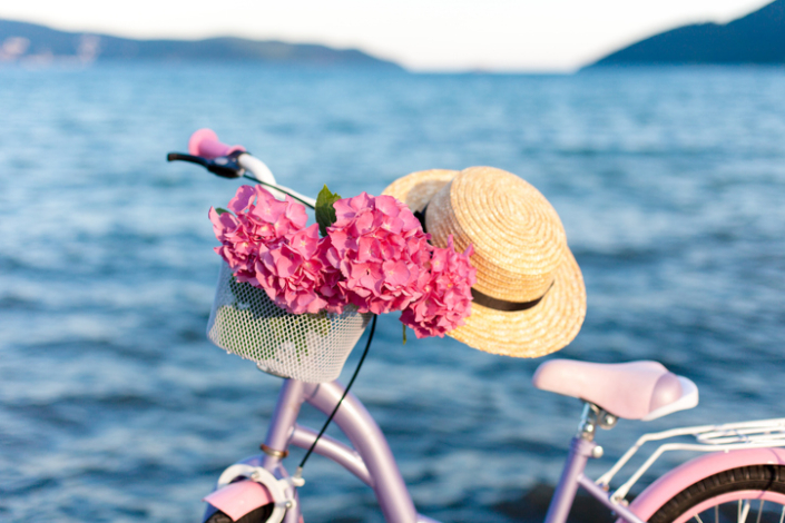 Slow living. Pink bicycle by the sea.