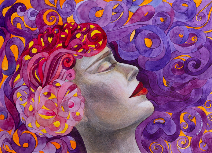 Watercolor painting of a beautiful dreaming woman