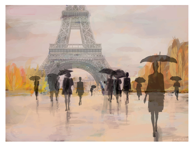 Paris in a rainy day of autumn by Eiffel Tower