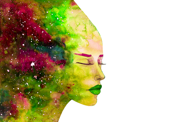 Watercolor painting cosmic mind. Beautiful dreaming woman Unity