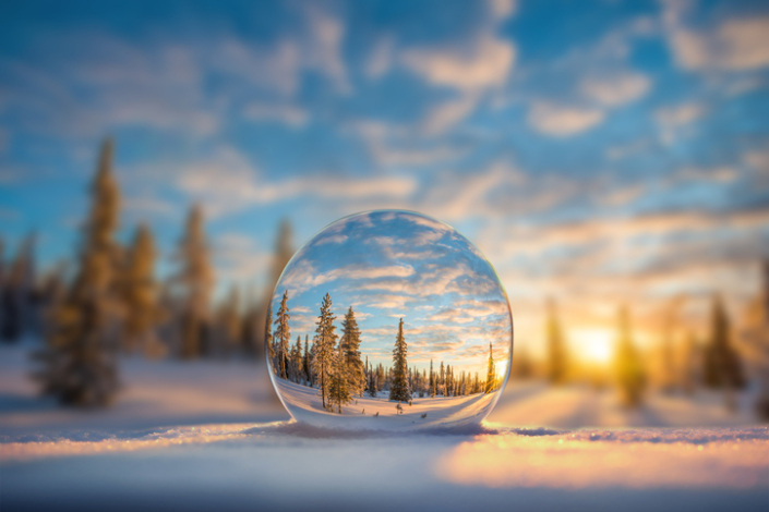 Winter landscape with snowy spruce trees at sunset in a snow globe or glass ball, Christmas scenic nature landscape