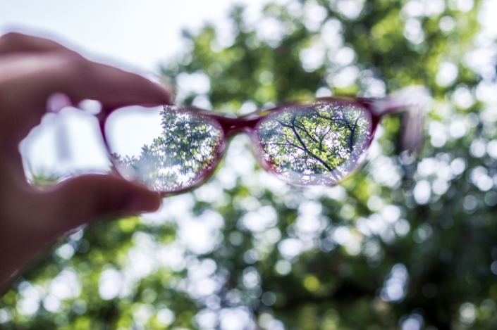 Looking through eyeglasses at nature, at a couple of leaves